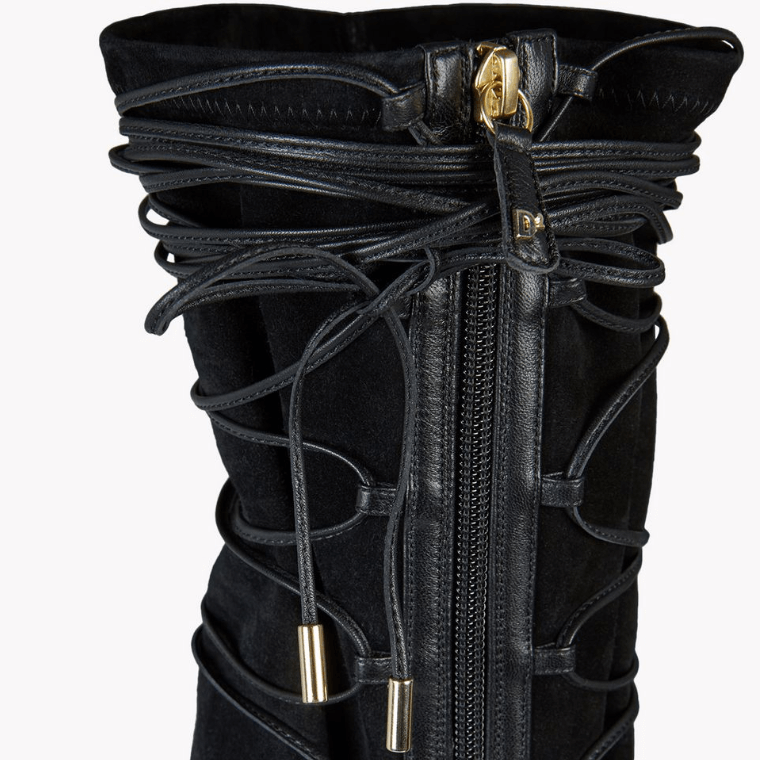 Black Lace Up Suede Pointed Toe Thigh High Boots
