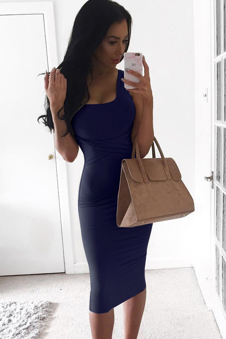Straps Square Open Back Bodycon Knee-length Dress