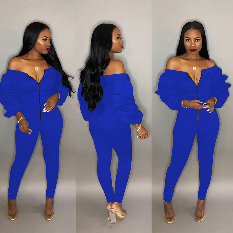 Off Shoulder Puff Sleeve Skinny Jumpsuit