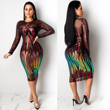 Sequin Sheer Patchwork Bodycon Long Sleeve Dress