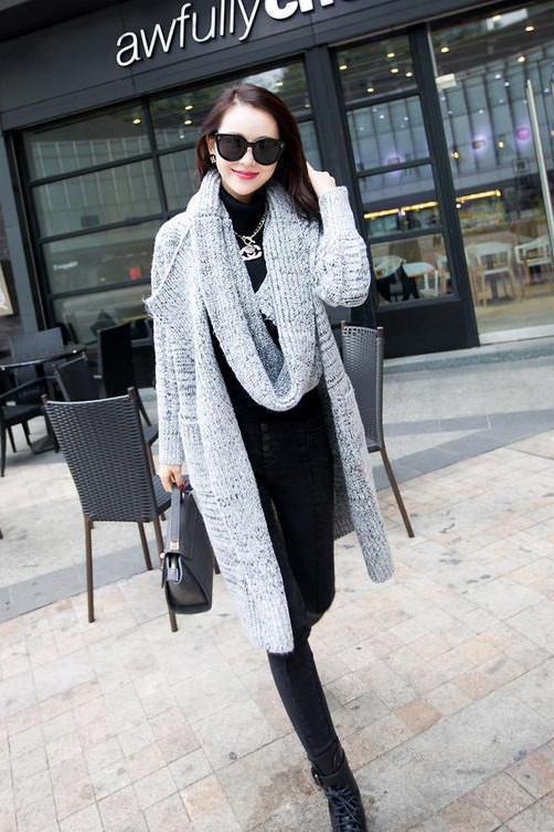 Long Sleeves Pure Color High Neck Long Cardigan