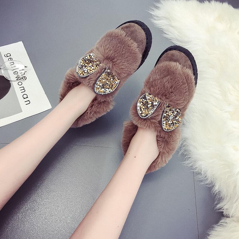 Rhinestone Fur Flat Suede Like Uggs Ankle Boots