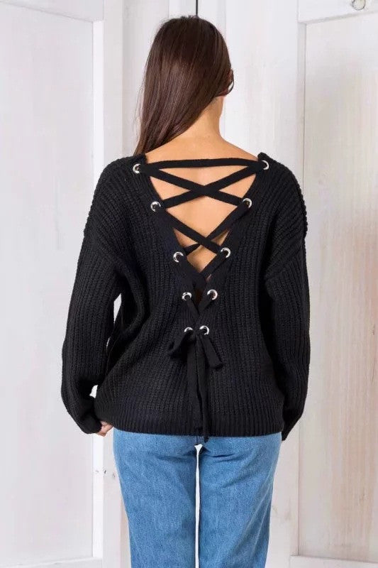 Deep V-neck Pure Color Back Straps Cross Pullover Sweater