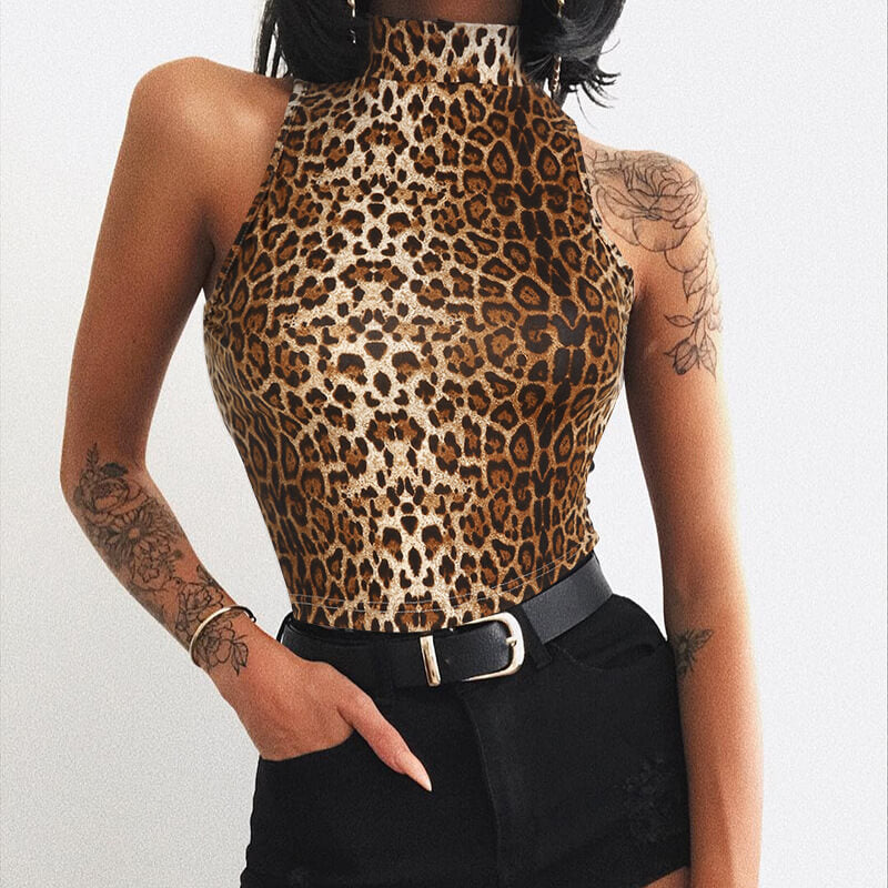 Leopard High Neck Crop Top