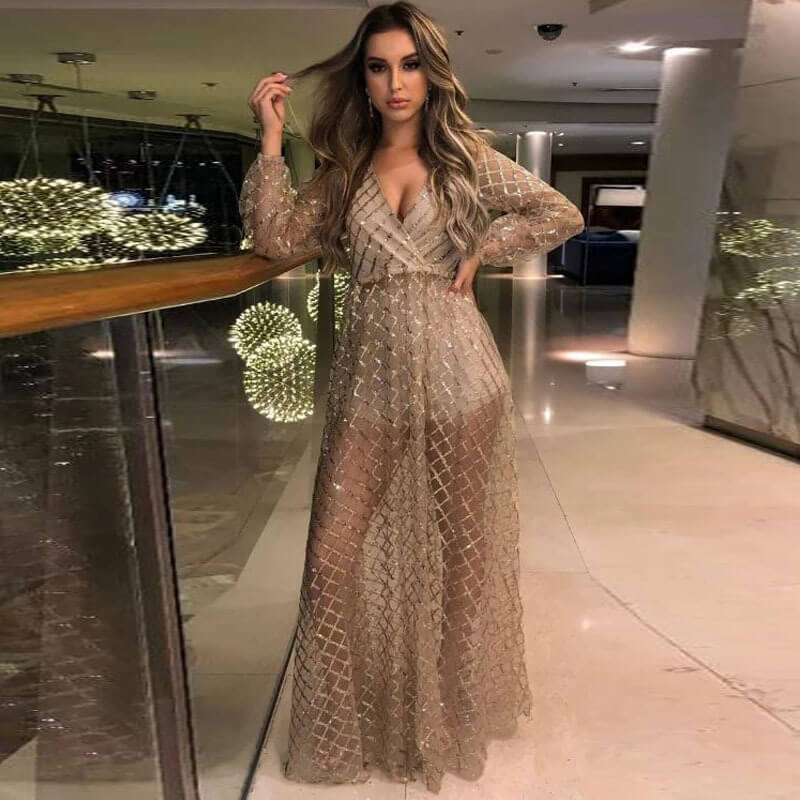 See Through Long Sleeve Sequin Maxi Dress