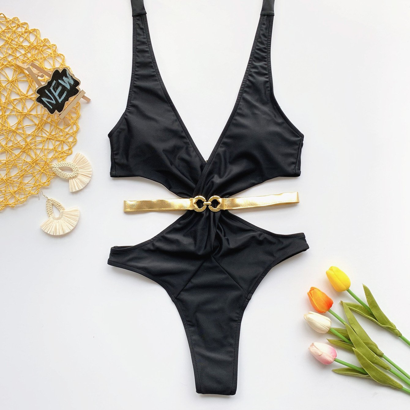 Black Halter Strappy Cutout High Cut Swimsuit