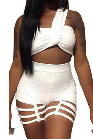 One Shoulder Sleeveless Crop Top Hollow Out Bandage Shorts Two Pieces Set