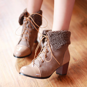Middle Heeled Patchwork Lace Up Short Boots