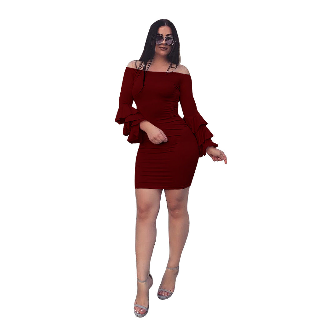 Long Trumpet Sleeves Off Shoulder Short Bodycon Dress