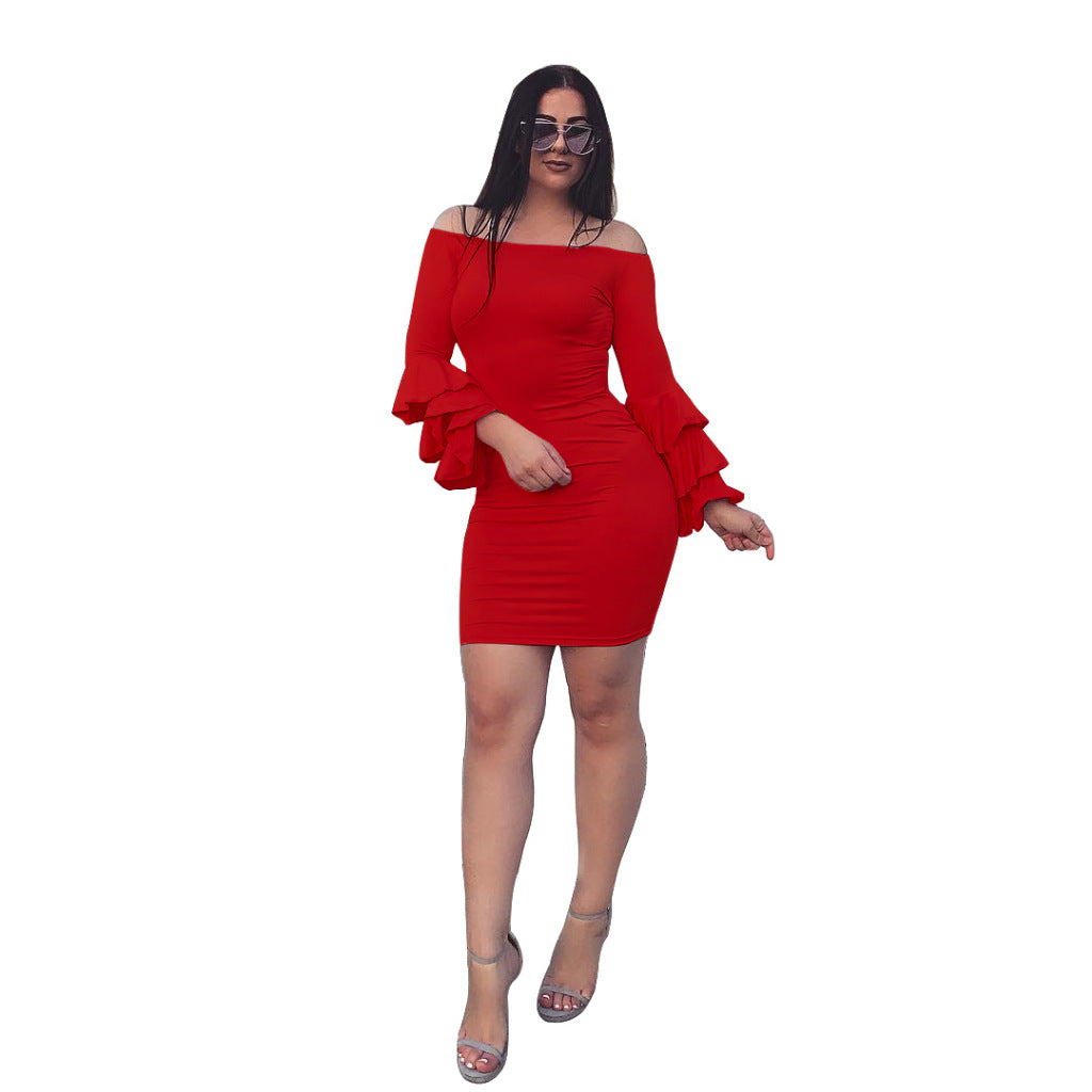 Long Trumpet Sleeves Off Shoulder Short Bodycon Dress