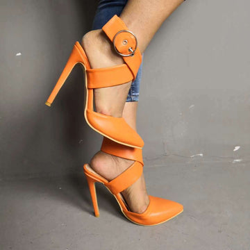 Sexy Orange Leather Pointed Toe Cutout Buckle High Heel Sandals
