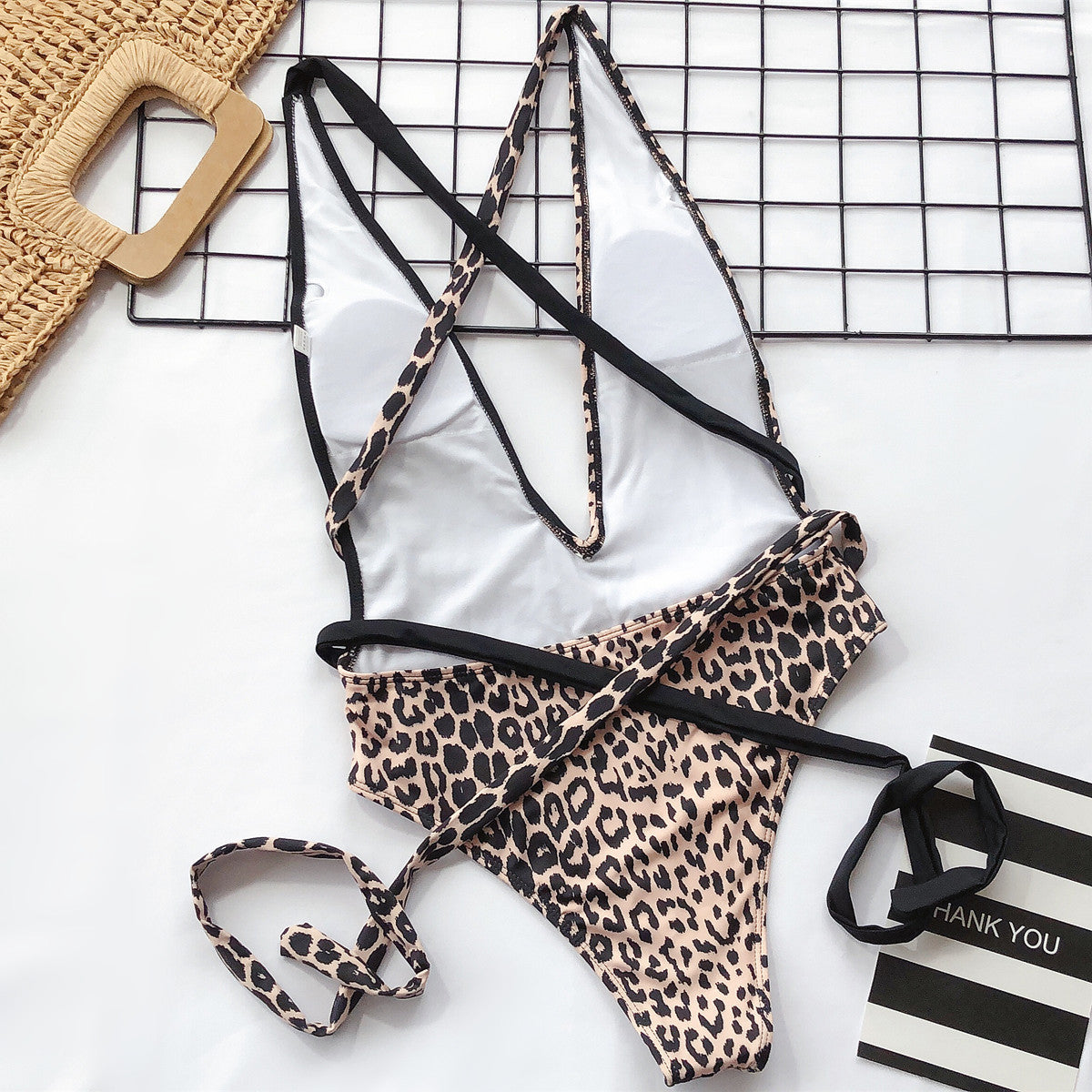 Leopard Colorblock Strappy Low Back High Cut Swimsuit