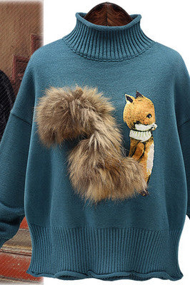 High Neck Fuax Fur Cartoon Print Long Sleeves Regular Sweater
