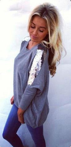 Batwing Sequin Long Sleeves Scoop Casual Blouse - May Your Fashion - 1