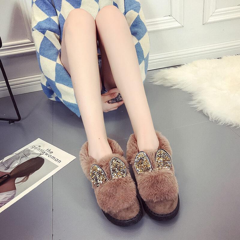 Rhinestone Fur Flat Suede Like Uggs Ankle Boots