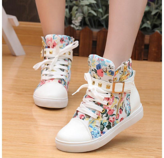 Cute Floral Print Skull Lace Up High Cut Women Sneakers - MeetYoursFashion - 1