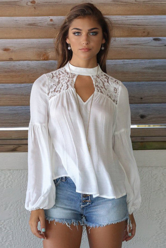 High Neck Cut Out Lace Patchwork Long Sleeves Blouse