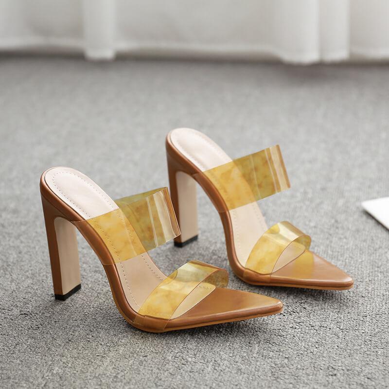 Clear Leather Chunky Heel Pointed Toe Sandals