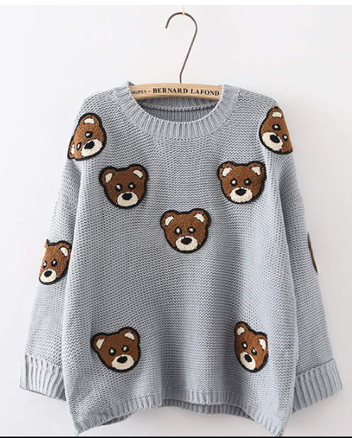 Bear Print Scoop Pullover Loose Knit Sweater - May Your Fashion - 1