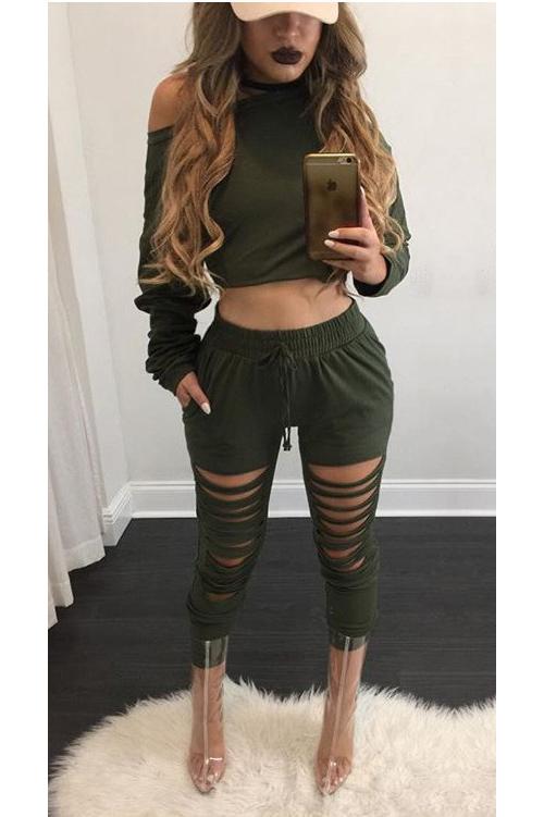 One Shoulder Crop Top with Skinny Hole Pants Two Pieces Set