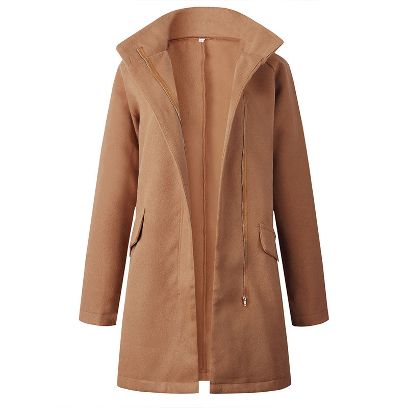 Funnel Neck Zipper Woolen Coat