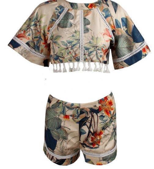 Hollow Out Print Tassel Short Sleeves Crop Top and Shorts Suit - May Your Fashion - 2