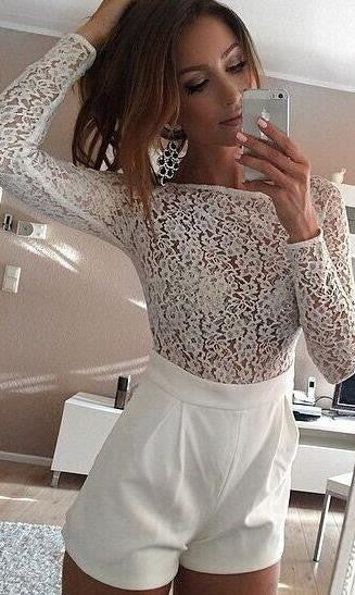 Lace Patchwork Long Sleeves Scoop Short Jumpsuit - May Your Fashion - 1