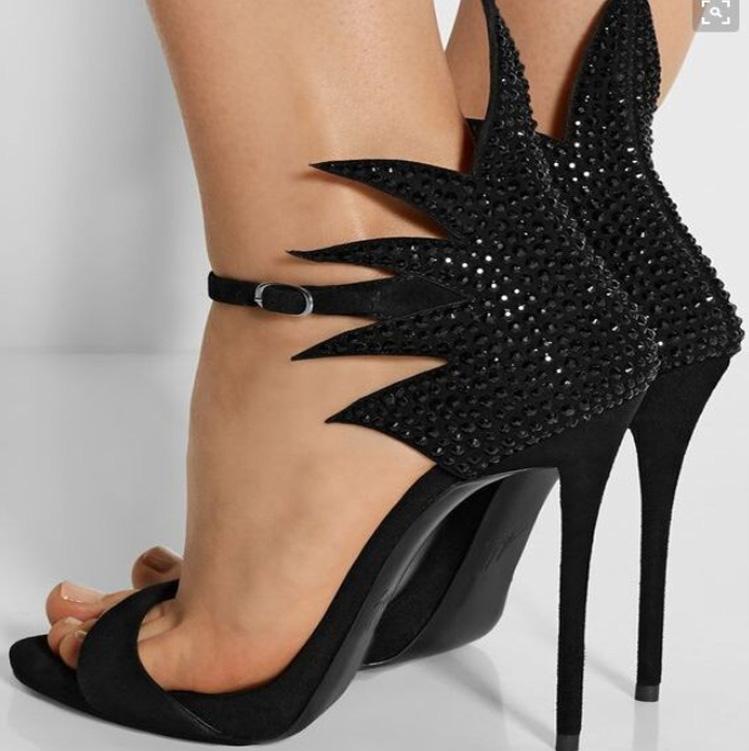 Party Black Leather Rhinestone High Heel Sandals