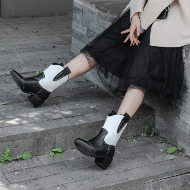 Leather Color Block Chunky Heel Point Toe Calf Boots