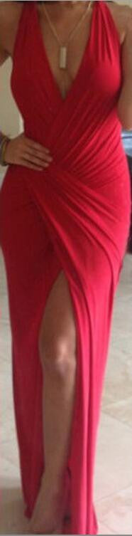 Sexy Red V Neck Long Splitting Dress