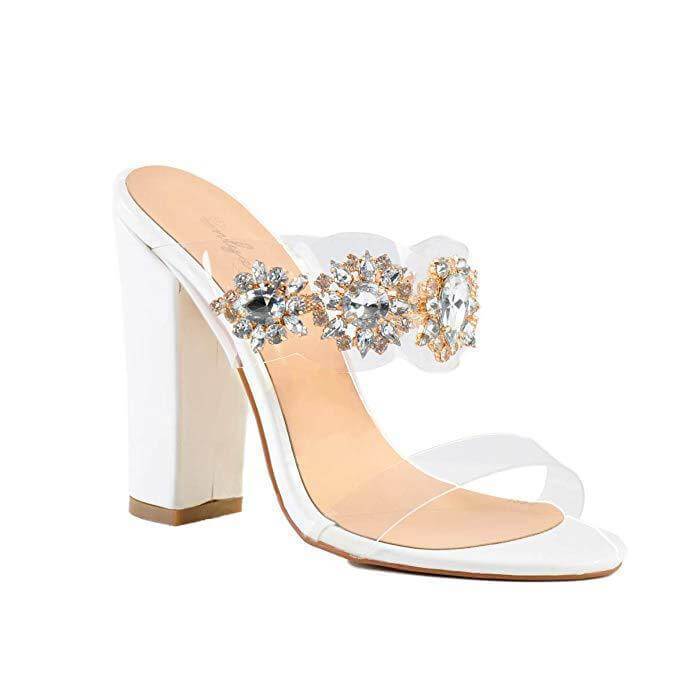 Summer White Rhinestone Chunky Heel Sandals