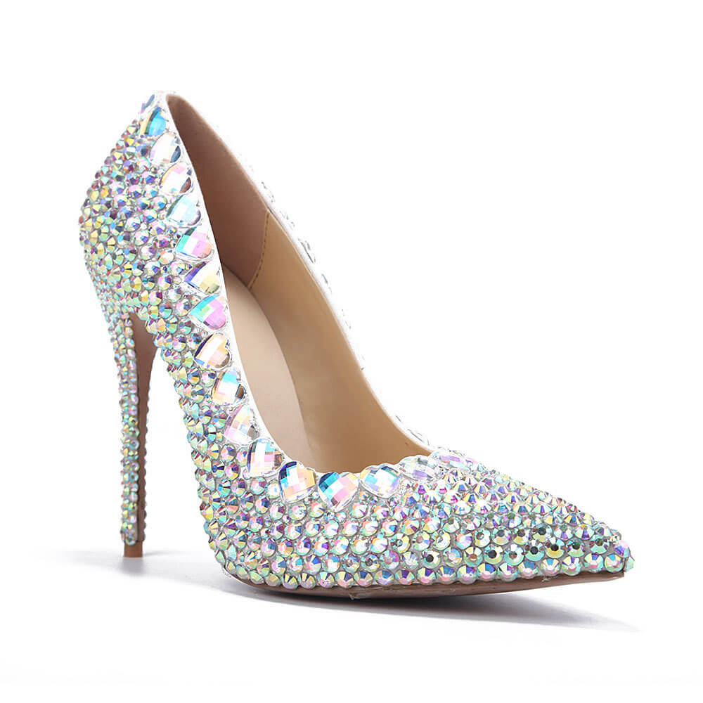 Leather Point Toe Rhinestone Stiletto Heel Pumps