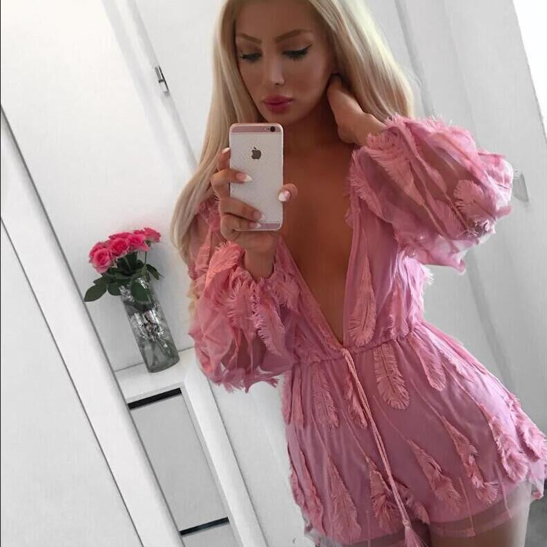 Pink Feather Patchwork Deep V-neck See-through Short Jumpsuit