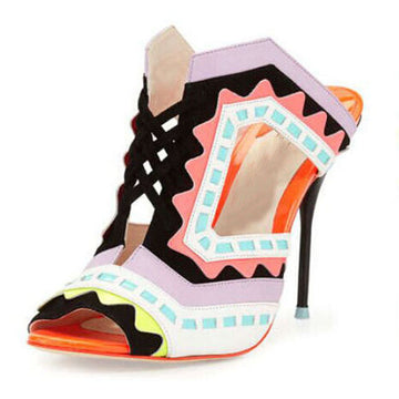 Color Block Strap Suede Cutout High Heel Sandals