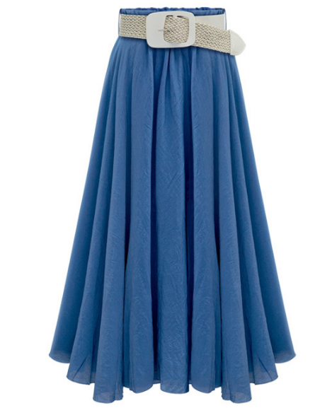 Pleated Solid Slim Belt Cotton Long Skirt - May Your Fashion - 6