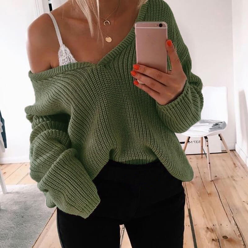 Deep V-neck Pure Color Pullover Sweater