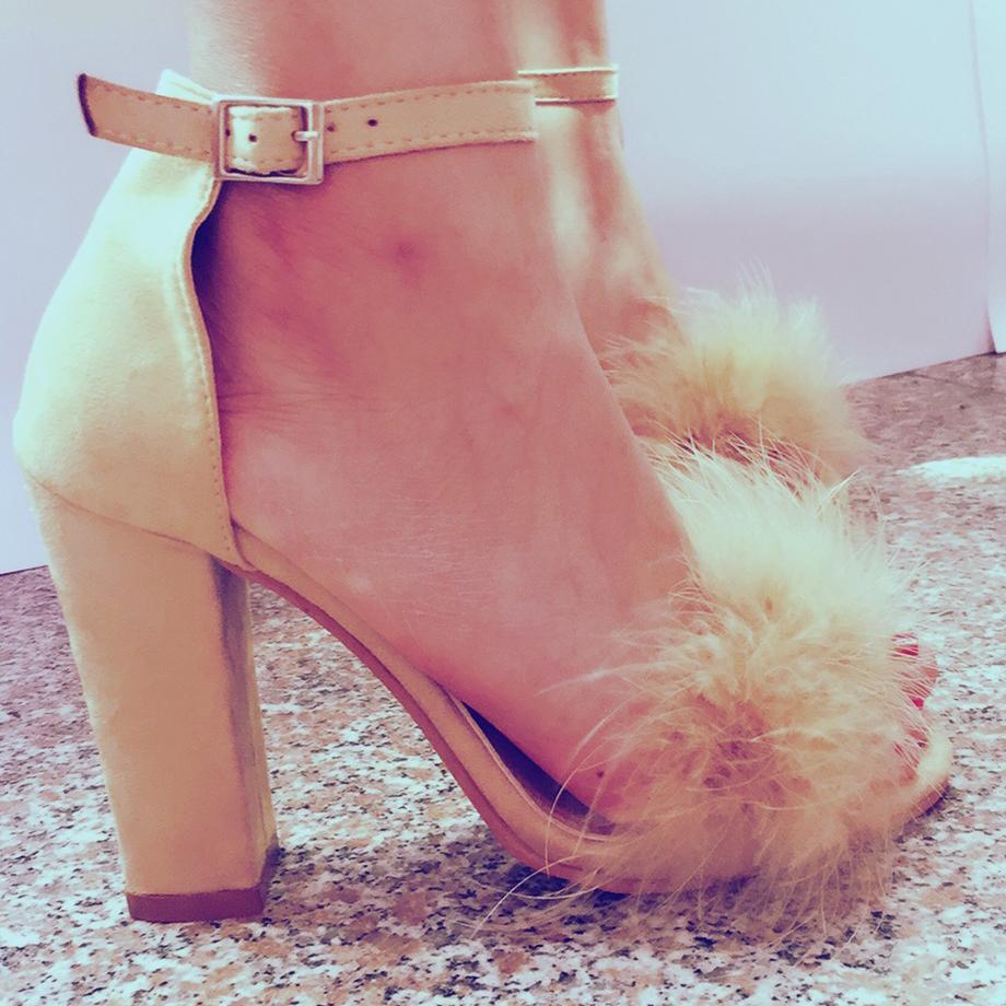 Faux Fur Decorate Open Toe Ankle Wrap Chunky High Heels Sandals