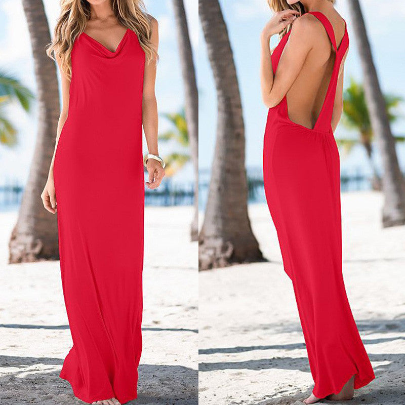 Pure Color Pile Neck Backless Long Party Dress - May Your Fashion - 2