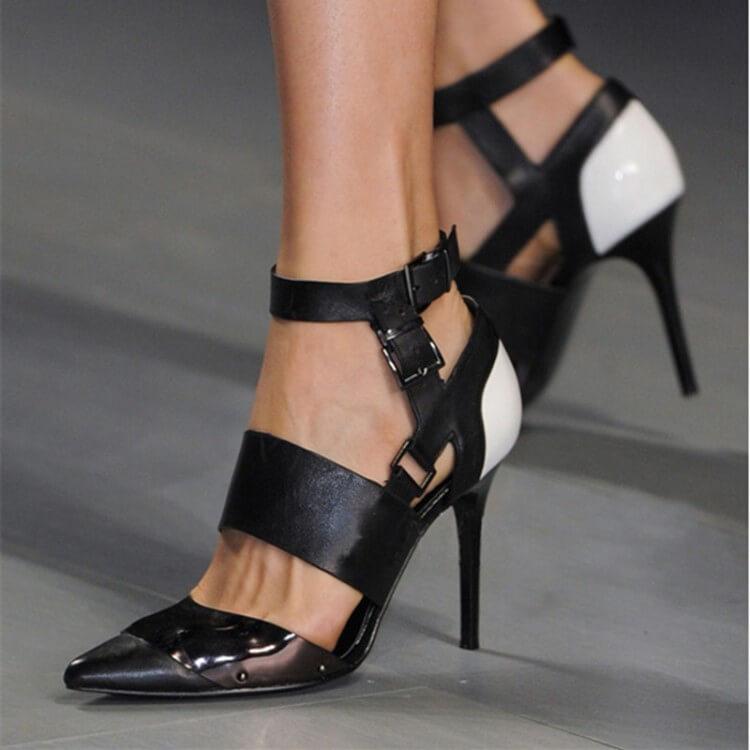 Summer Black Color Block Pointed Toe Cutout Stiletto Heel Pumps