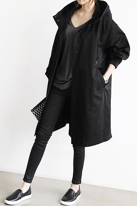 Solid Color Button Loose Long Hooded Coat