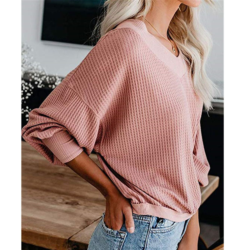 V-Neck Ribbed Pure Color Sweater