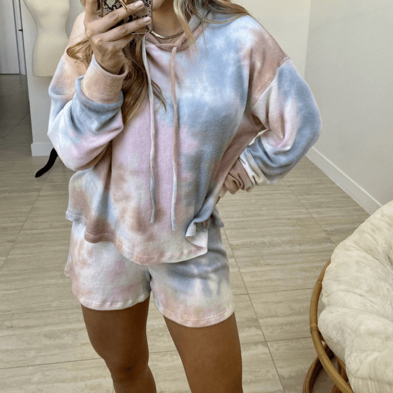 Casual Print Loose High Waist Long Sleeve Hooded Two Pieces Set