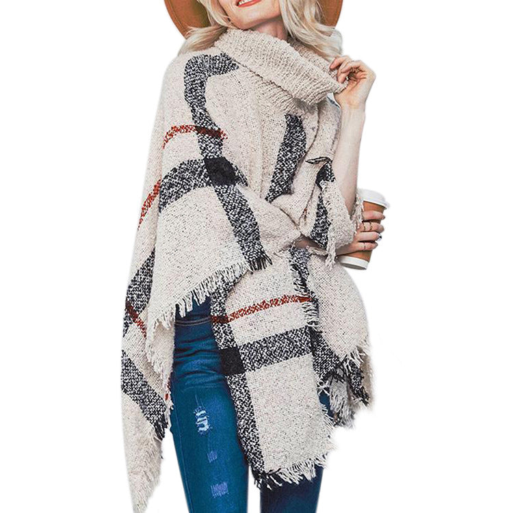 Mid-Long Tassel Shawl Oversized Turtleneck Women Sweater