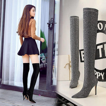 Sexy Sequin Stretch Point Toe High Heel Over Knee Boots