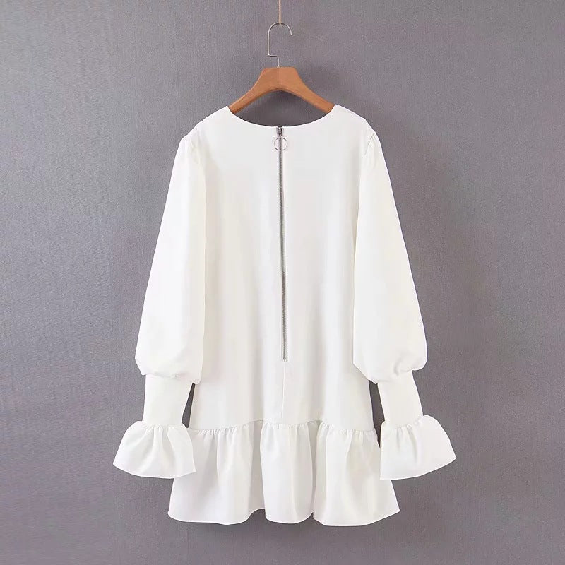 White Bodycon Long Sleeve Ruffle Zipper Dress