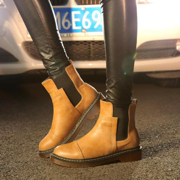 Leather Round Toe Low Heel Chelsea Boots
