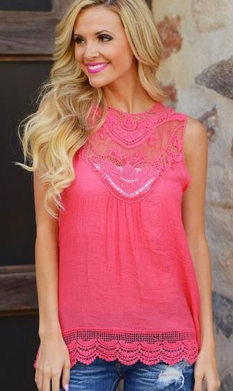 Lace Patchwork Sleeveless Scoop Casual Plus Size Blouse - May Your Fashion - 5