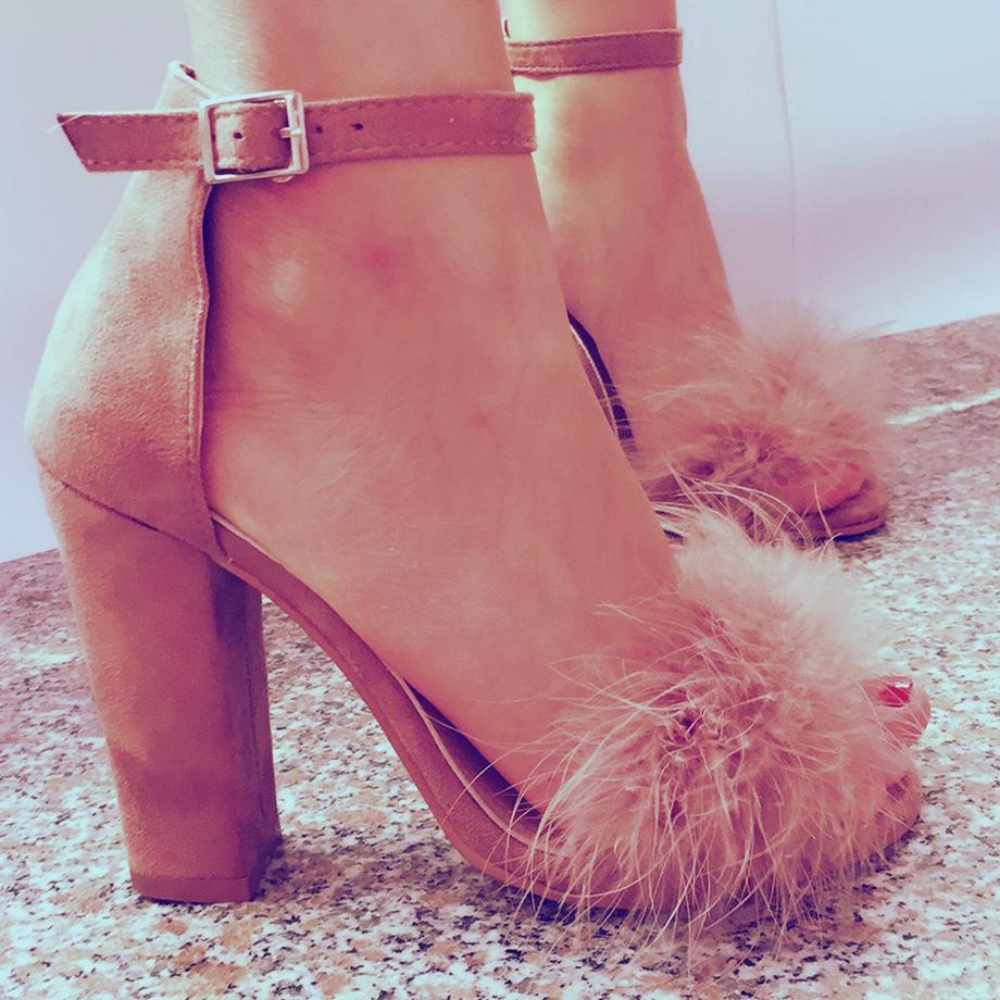 Faux Fur Decorate Open Toe Ankle Wrap Chunky High Heels Sandals