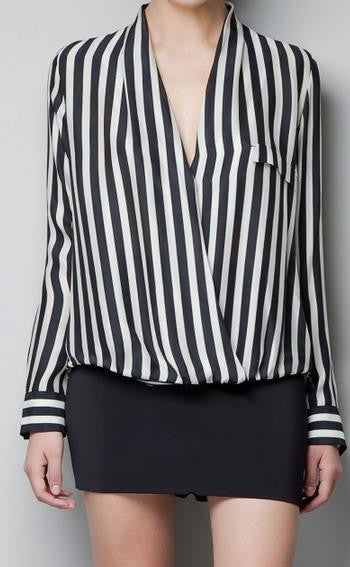 Striped Deep V-neck Long Sleeves Slim Chiffon Blouse - May Your Fashion - 1