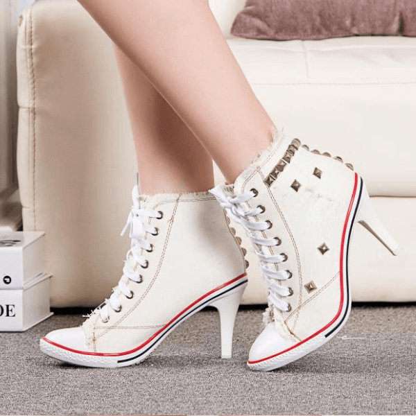 Canvas Lace Up High Heel Rivet Ankle Boots